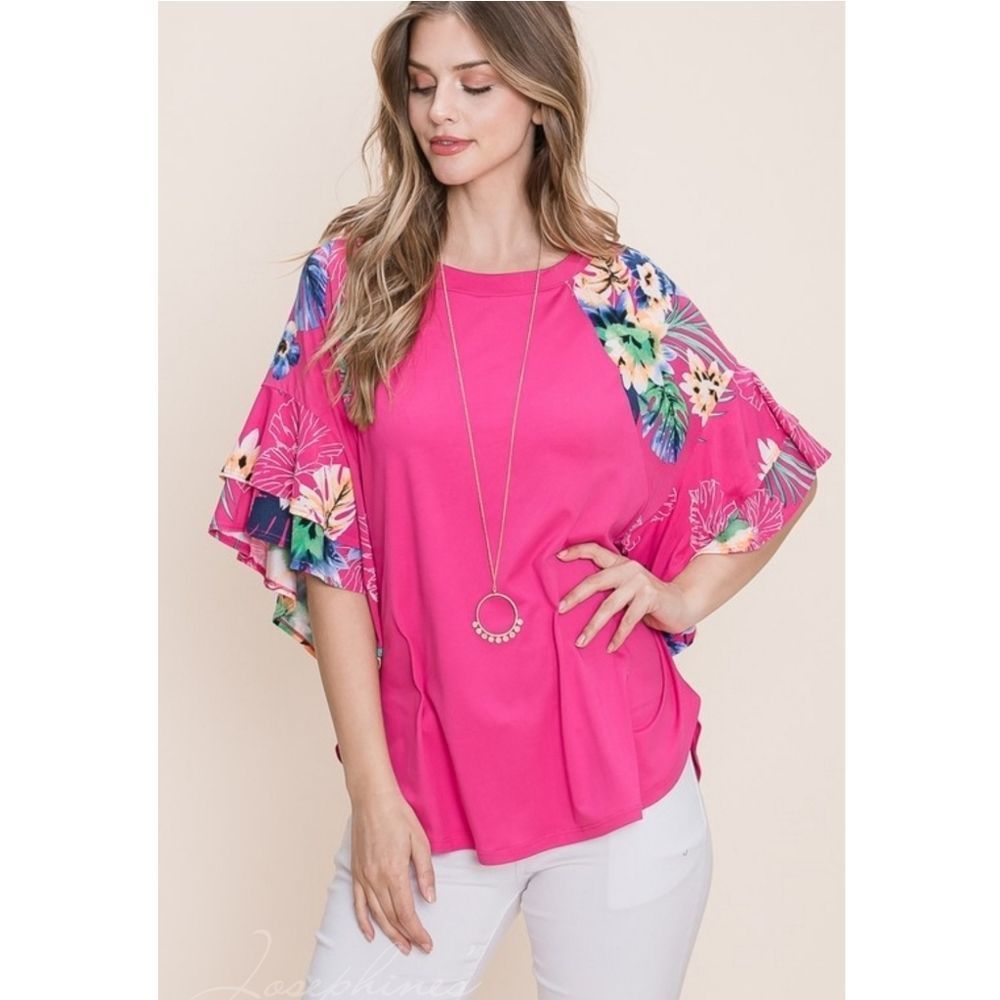 Fuchsia Top with Floral Sleeves